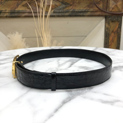 CELINE 馬車鱷魚壓花皮革腰帶 黑色 復古 awn7kw