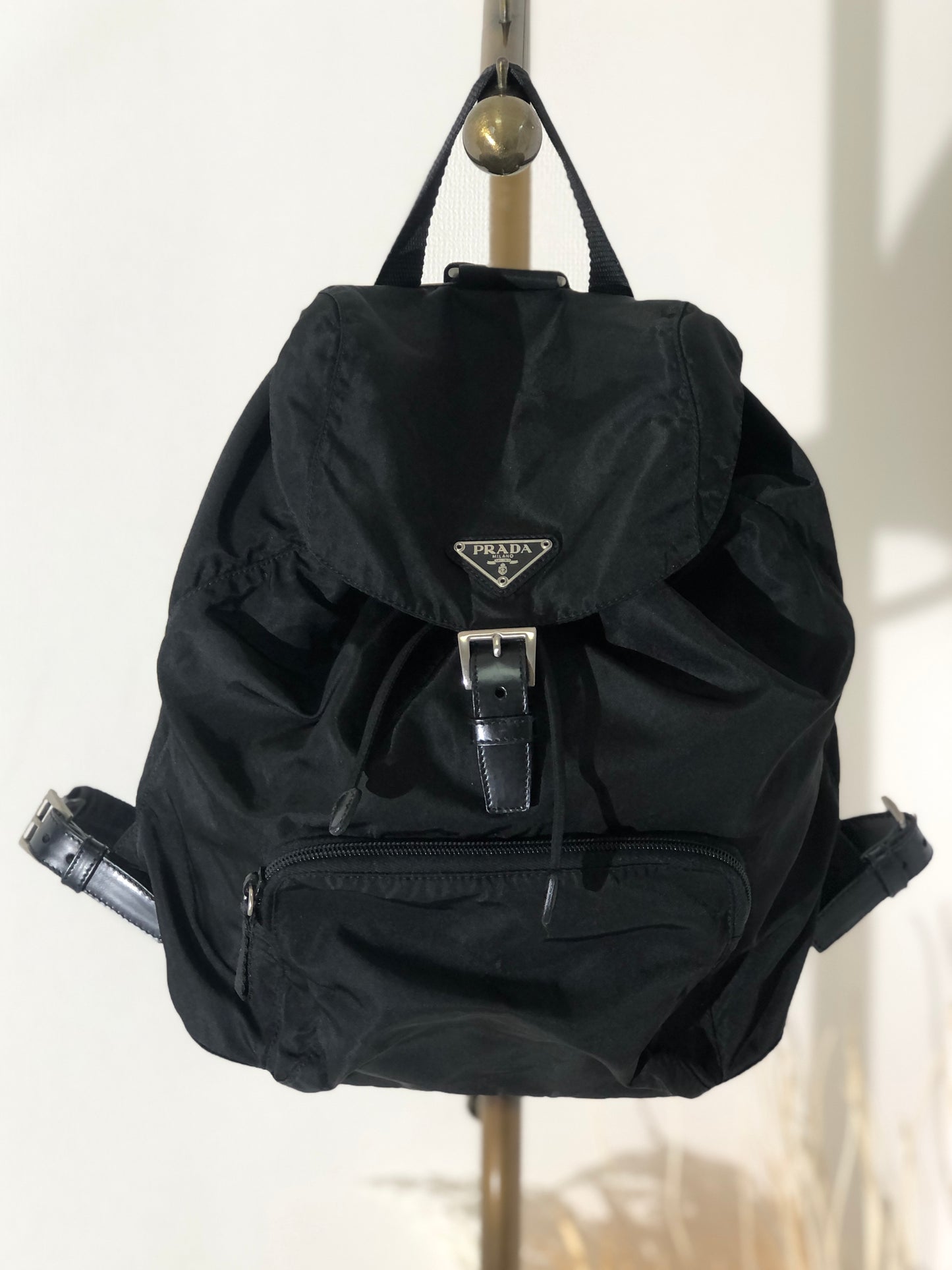 PRADA Triangle Logo Nylon Backpack Black Vintage js64pa