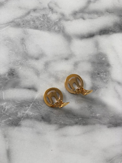 CELINE Circle Logo Earrings Gold Vintage 8rds48