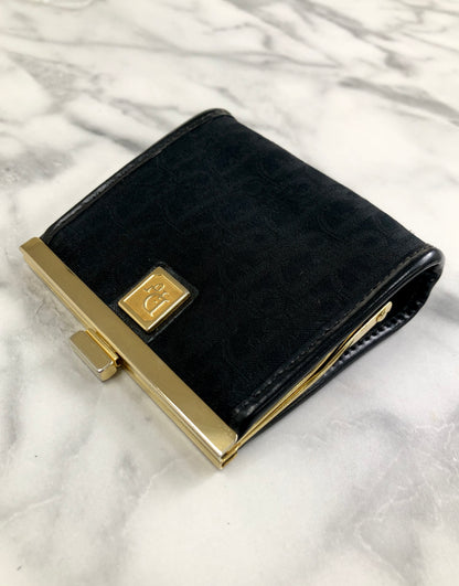 Christian Dior Trotter 標誌金屬扣提花皮革零皮夾黑色復古 wd4fgy 