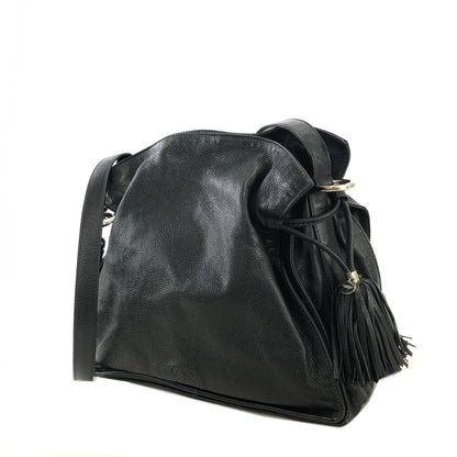 LOEWE Anagram Logo Motif Embossed Tassel Leather Drawstring Shoulder bag Black Vintage xpf265