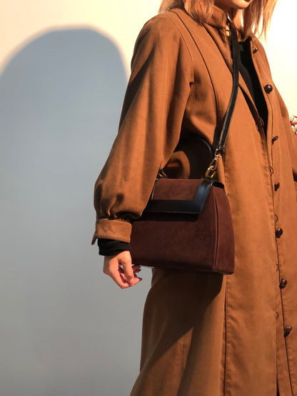 CELINE 圓形標誌絨面革兩用手提包單肩包棕色黑色復古 vxyndh 