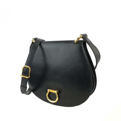 CELINE Gancini Leather Round Crossbody Shoulder bag Black Vintage 5ec6bk