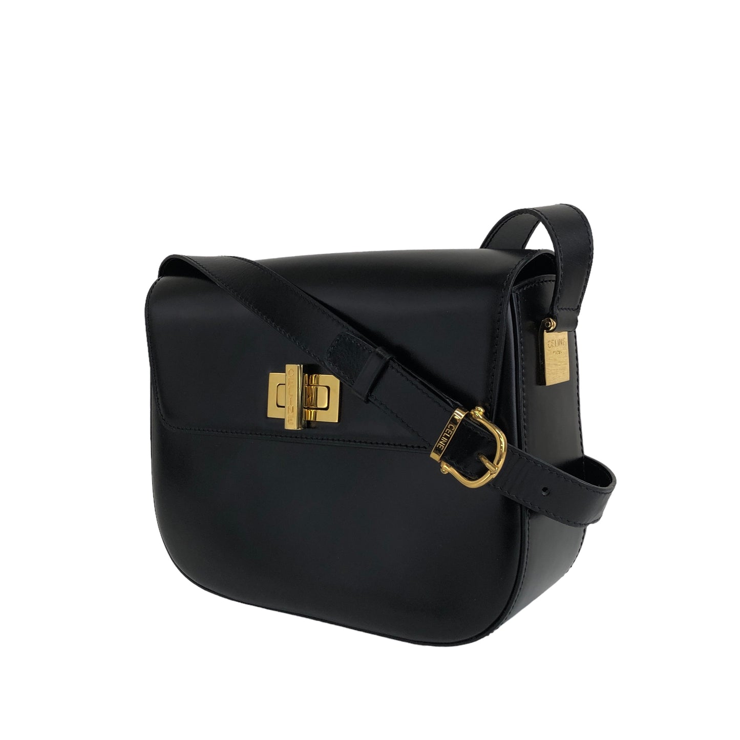 CELINE Turn Lock Leather Shoulder bag Black Vintage igkid8