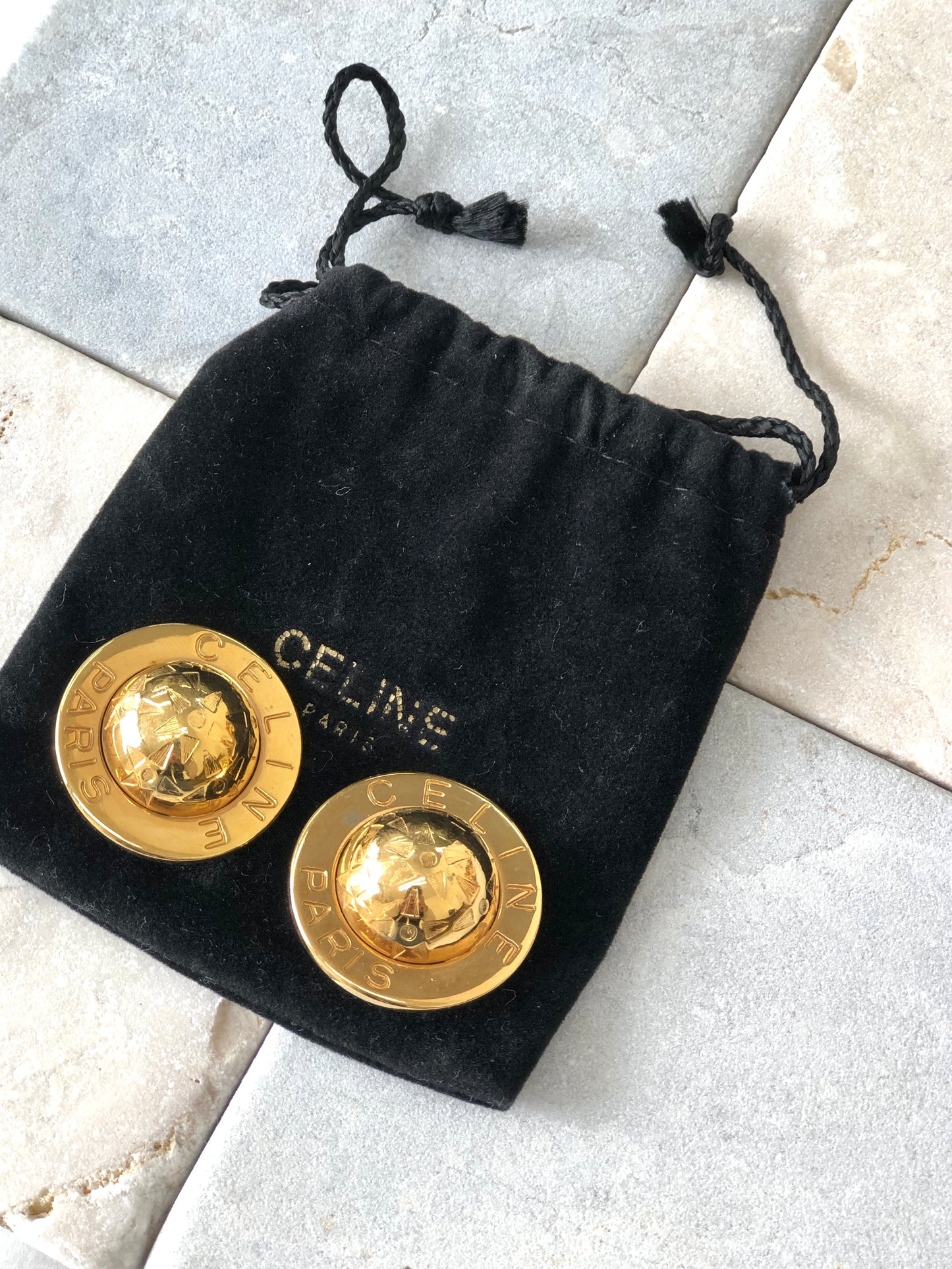 CELINE LogoCircle Starball Logo Motif  Earrings Gold Vintage 5sk543