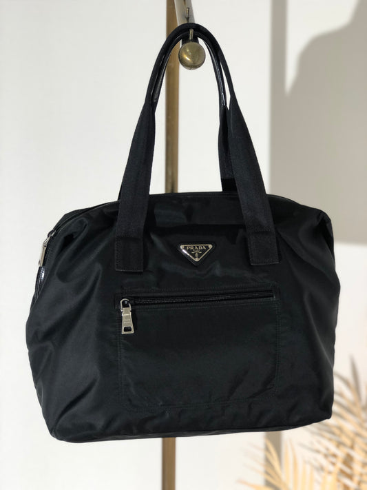 PRADA Triangle Logo Nylon Handbag Boston bag Black Vintage aki77w