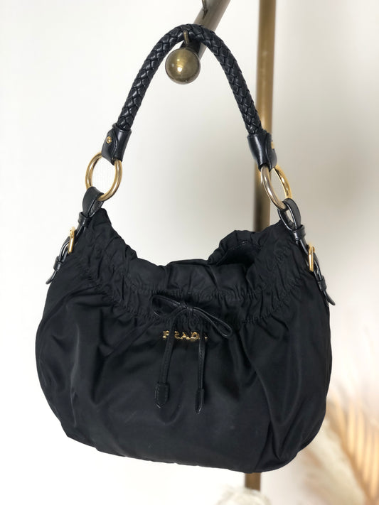 PRADA Logo Nylon Leather Shirring Handbag Black Vintage xwztuy
