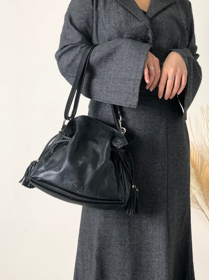LOEWE Anagram Logo Motif Embossed Tassel Leather Drawstring Shoulder bag Black Vintage xpf265