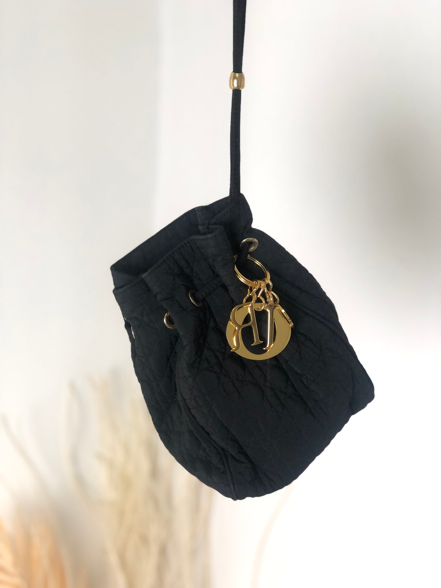 Christian Dior Cannage Logo Charm Nylon Drawstring Small Handbag Black Vintage 3inxp6