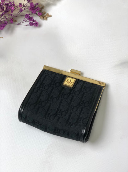 Christian Dior Trotter 標誌金屬扣提花皮革零皮夾黑色復古 wd4fgy 