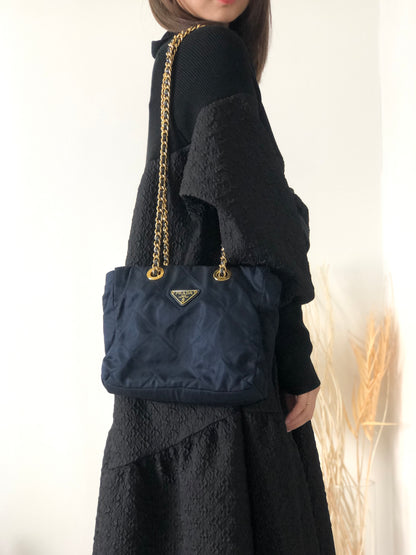 PRADA Triangle Logo Quilted Nylon Chain Shoulder bag Navy Vintage nx4t3z