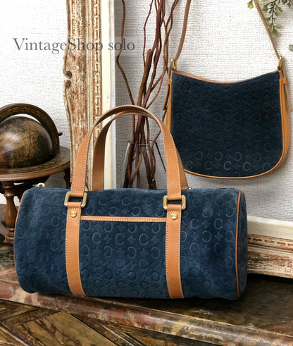 CELINE C Macadam 絨面革手提包 Hobobag 肩包海軍藍駝色 Old Celine Vintage cf3mff