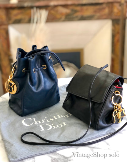 Christian Dior Cannage Logo Charm 皮革迷你包款肩背包 Pochette 黑色復古舊 g8k6nf