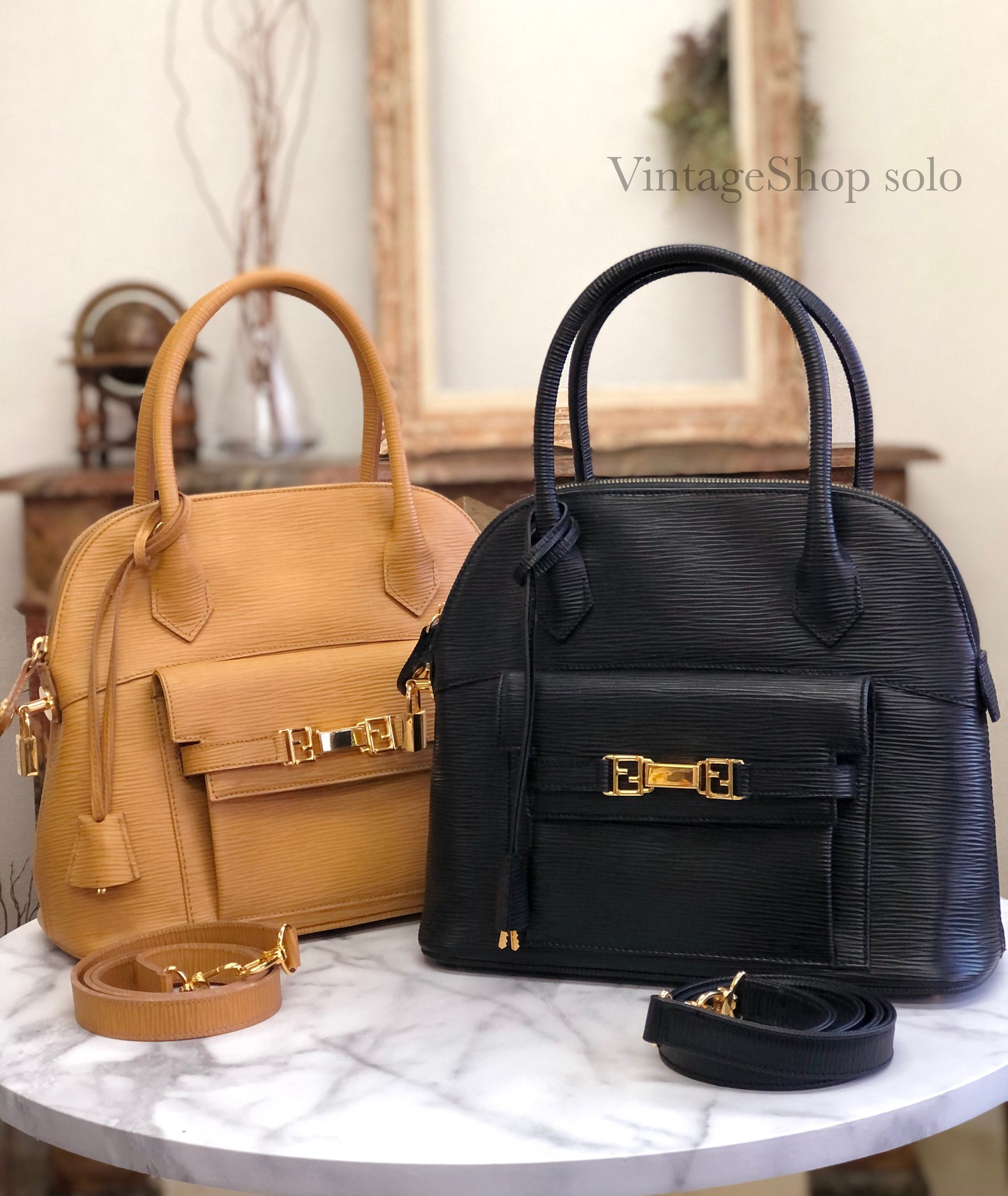 FENDI Leather Emboss 2Way Handbag Shoulder bag Black Vintage Old 6a3xwu