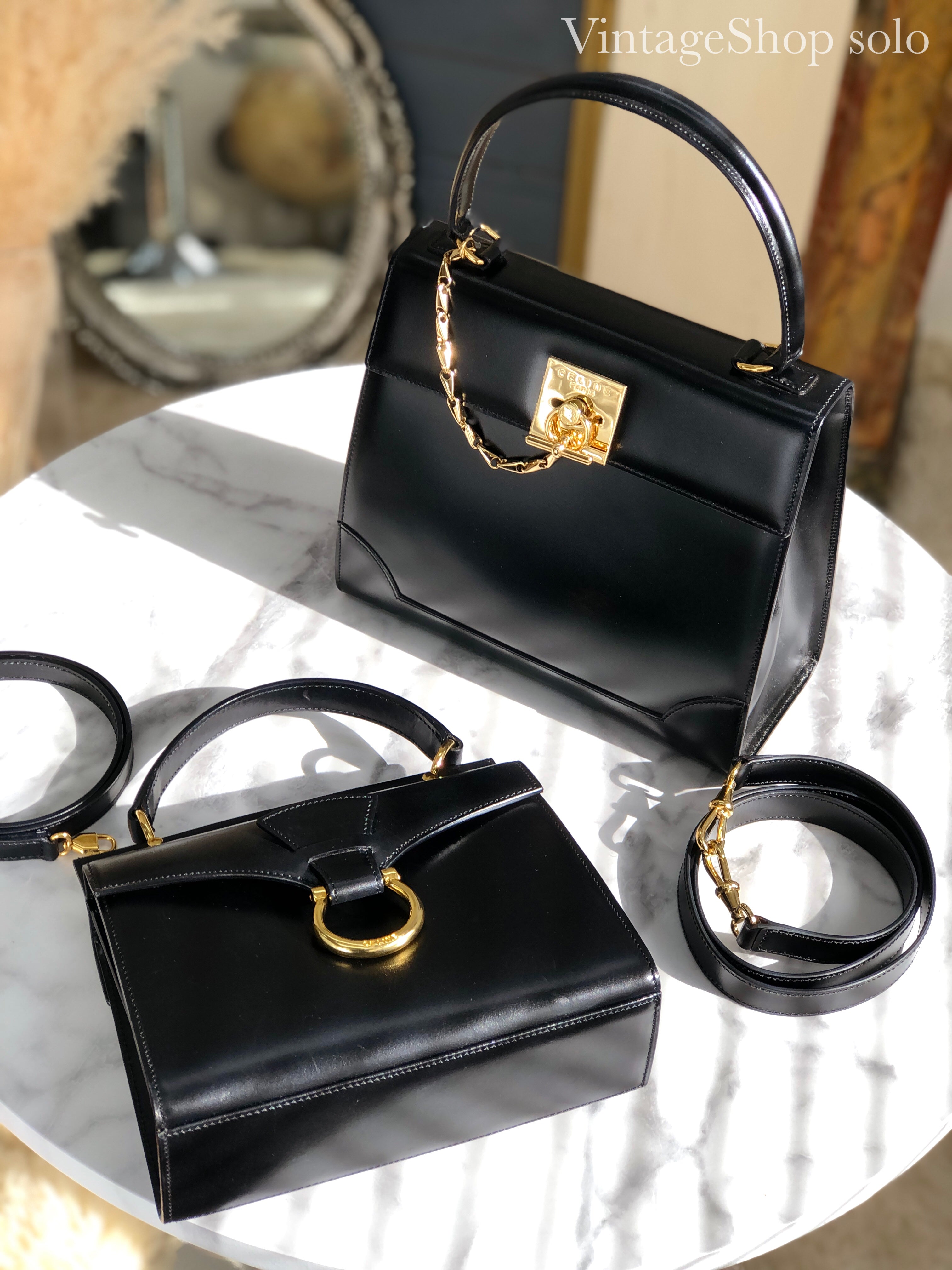 CELINE Horsebit Double face Handbag Shoulder bag Black Vintage Old Celine ainh7x