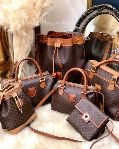 CELINE Macadam Blason Embossed Drawstring Shoulder bag Brown Vintage Old Celine dwhxbw