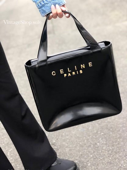 CELINE 鏤空標誌漆皮手提包黑色復古舊款 Celine yie8jb