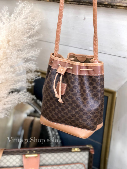 CELINE Macadam Blason Embossed Drawstring Shoulder bag Brown Vintage Old Celine dwhxbw