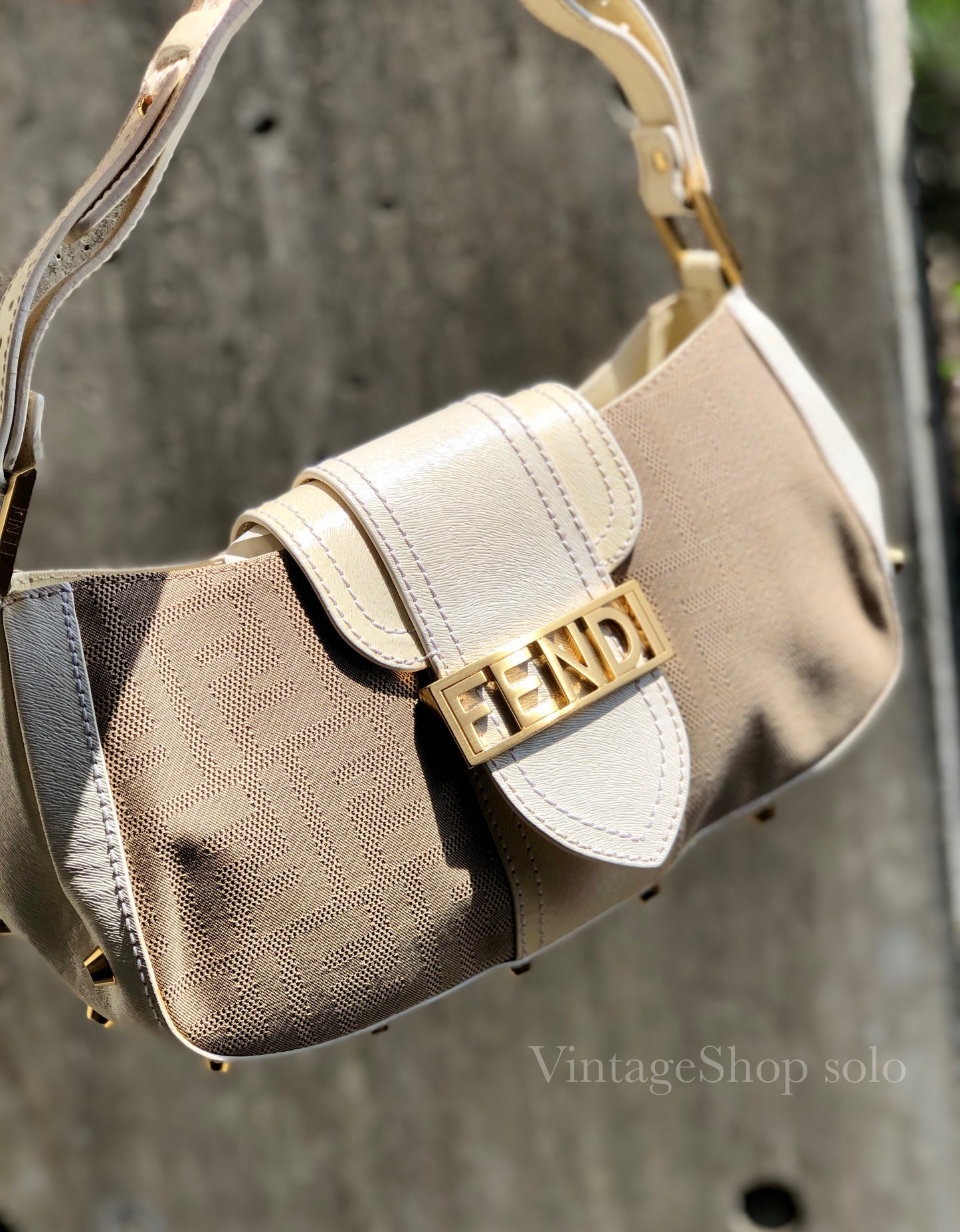 FENDI canvas leather studs mini bag handbag beige white vintage old 26xjgj