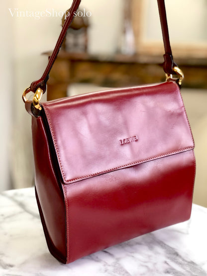LOEWE logo embossed leather antique metal fittings shoulder bag wine red vintage old u24yeh