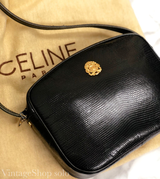 CELINE Emblem Triomphe Lizard Pochette Crossbody Shoulder Bag Black Old Celine vintage 3nfvm3