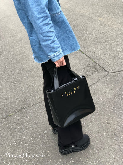 CELINE 鏤空標誌漆皮手提包黑色復古舊款 Celine yie8jb