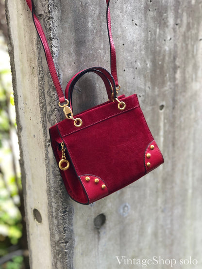 CELINE 鉚釘迷你包2way方形絨面革肩包手提包酒紅色復古zp7fsi