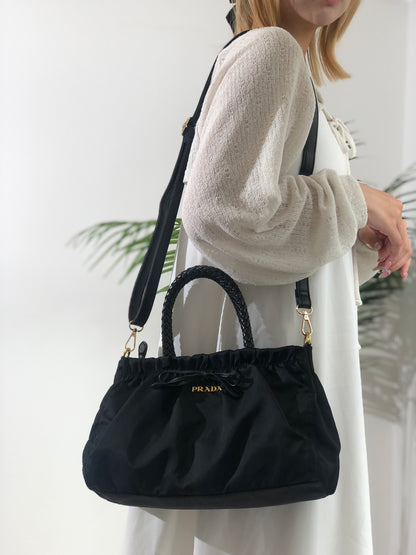 PRADA Logo Ribbon Nylon Leather Two-way Crossbody Shoulder bag Totebag Black Vintage c6kcye