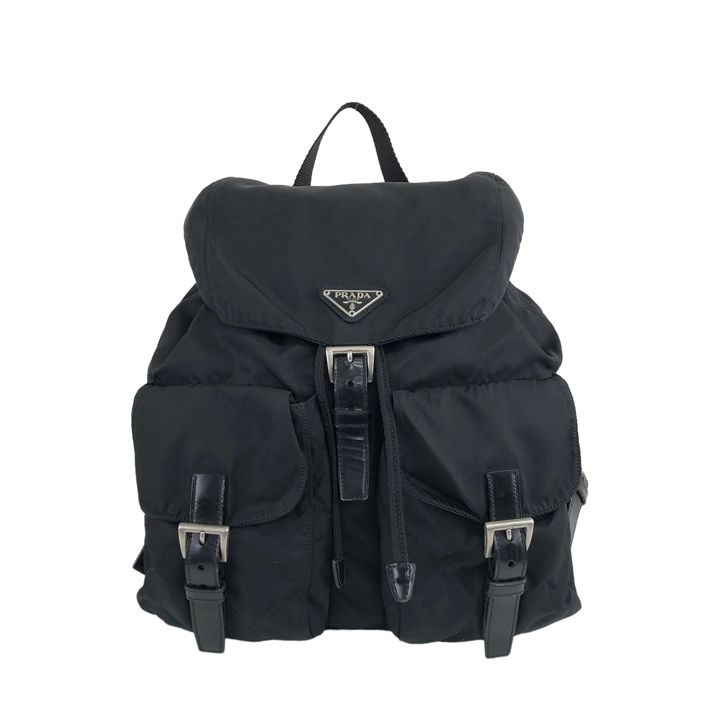 PRADA Triangle Logo Double Pocket Nylon Backpack Black Vintage dng5yz