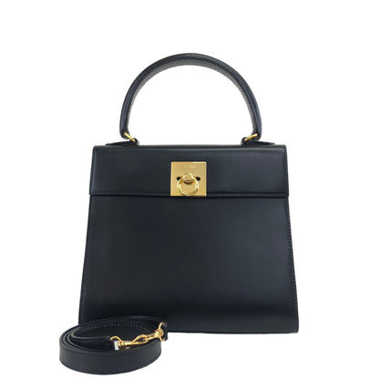 CELINE Gancini Leather Two-way Top Handle Handbag Shoulder bag Black Vintage ick73z