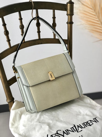 Yves Saint Laurent YSL Logo Lizard Leather Two-way Handbag Shoulder bag Beige Vintage yzf4gb