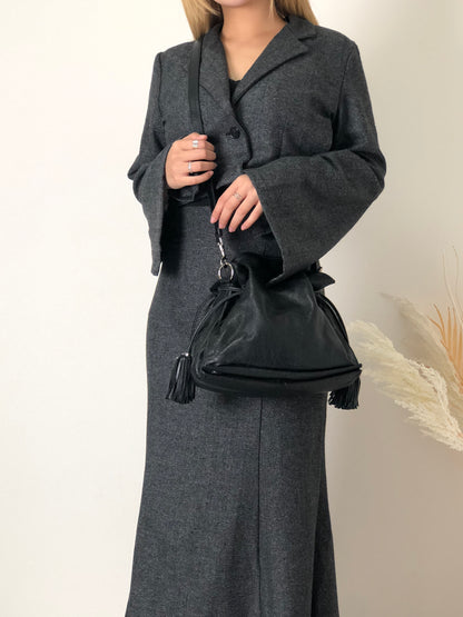 LOEWE Anagram Logo Motif Embossed Tassel Leather Drawstring Shoulder bag Black Vintage xpf265