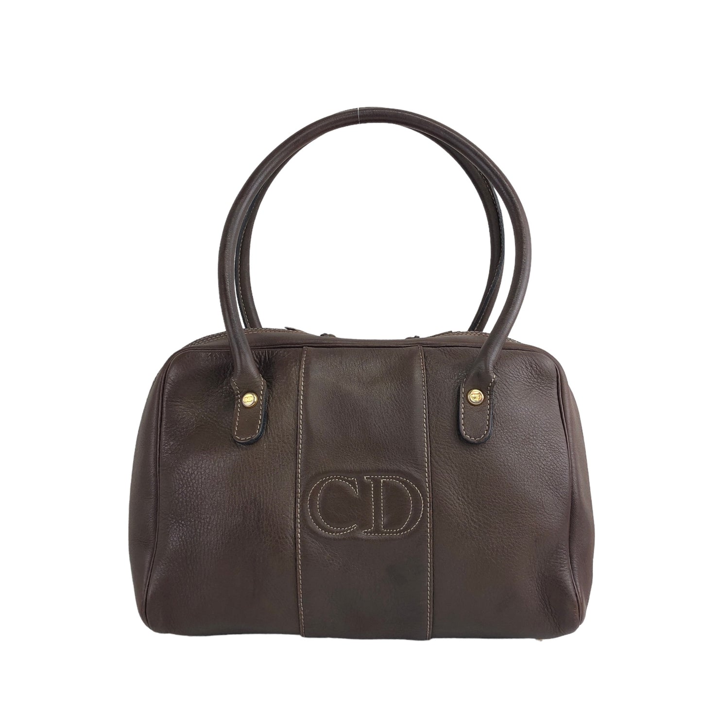 Christian Dior CD Logo Stitch Leather Small Boston bag Handbag Brown Vintage 6uivby