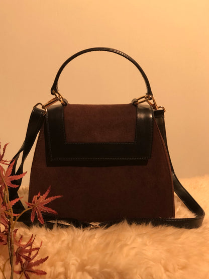 CELINE 圓形標誌絨面革兩用手提包單肩包棕色黑色復古 vxyndh 
