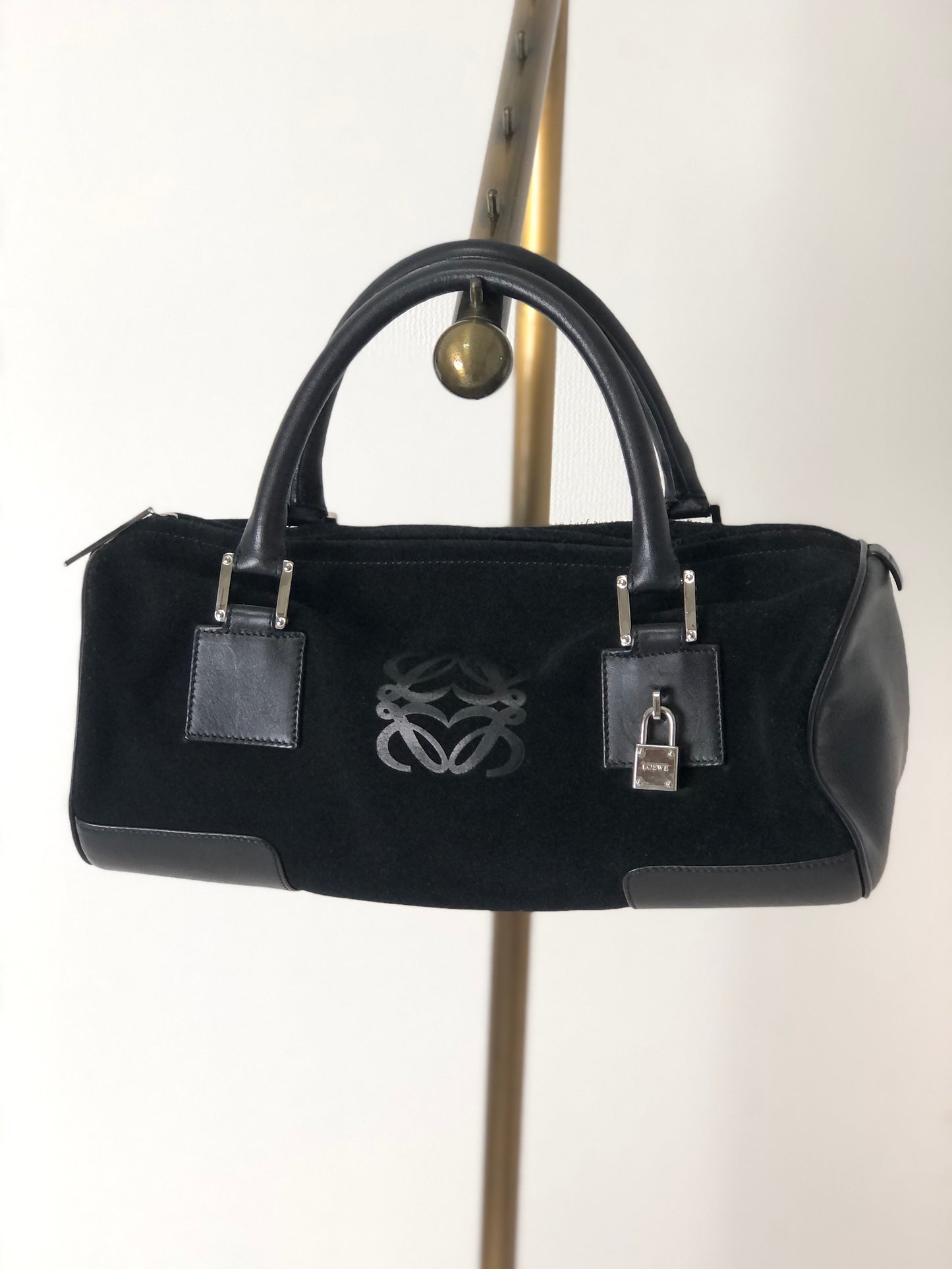 LOEWE Amazona Anagram Padlock Suede Leather Handbag Boston bag Black Vintage ybmbag