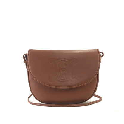 CELINE Triomphe Logo Motif Embossed Flap Leather Shoulder bag Brown Vintage hzdiaw