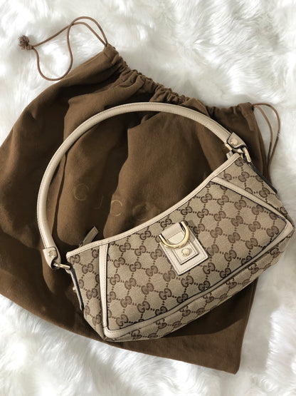 GUCCI GG Canvas Abbey Canvas Leather Handbag Hobobag Beige Vintage 4sabsd