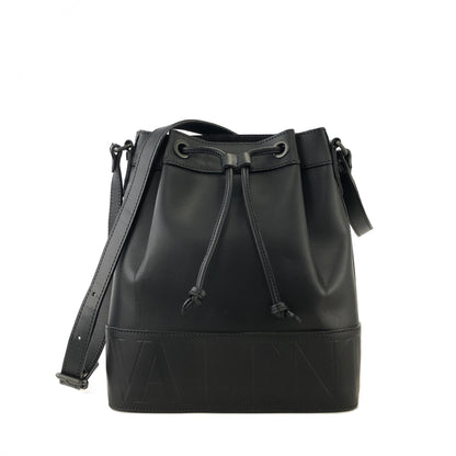 VALENTINO GARAVANI Logo Leather Drawstring Shoulder bag Black Vintage vxthd4