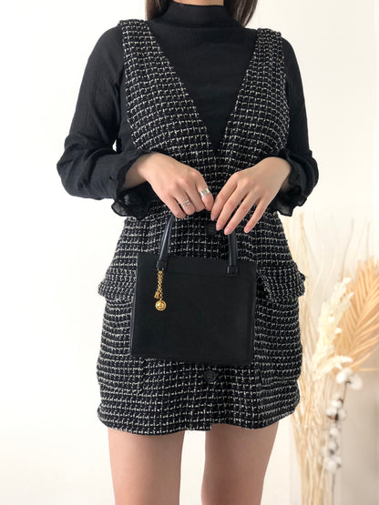 CELINE Starball 凱旋門吊飾皮革手提包黑色復古 3hfzux 