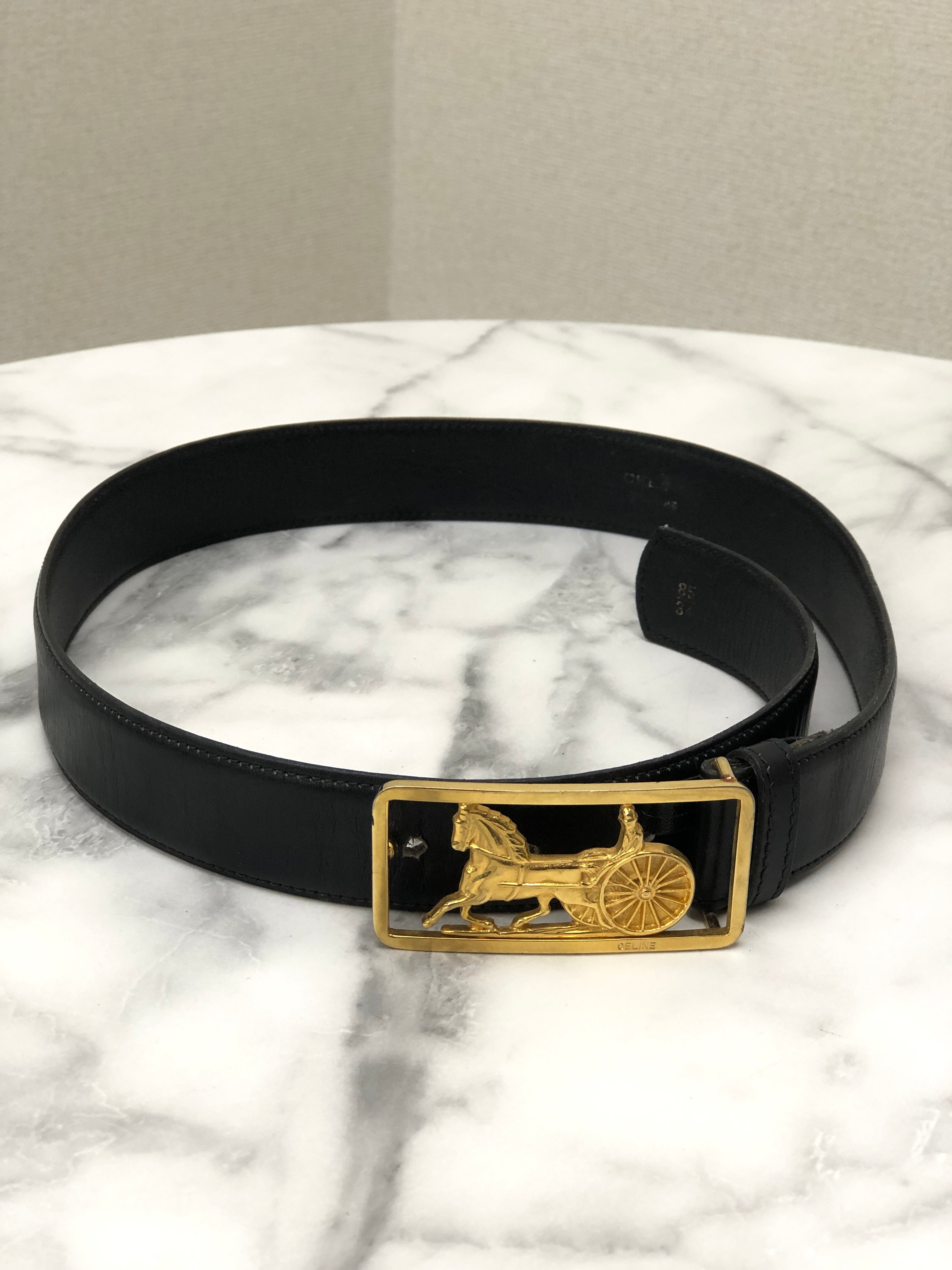 CELINE Horse Carriage Leather Belt Black Gold Vintage r5nwjn