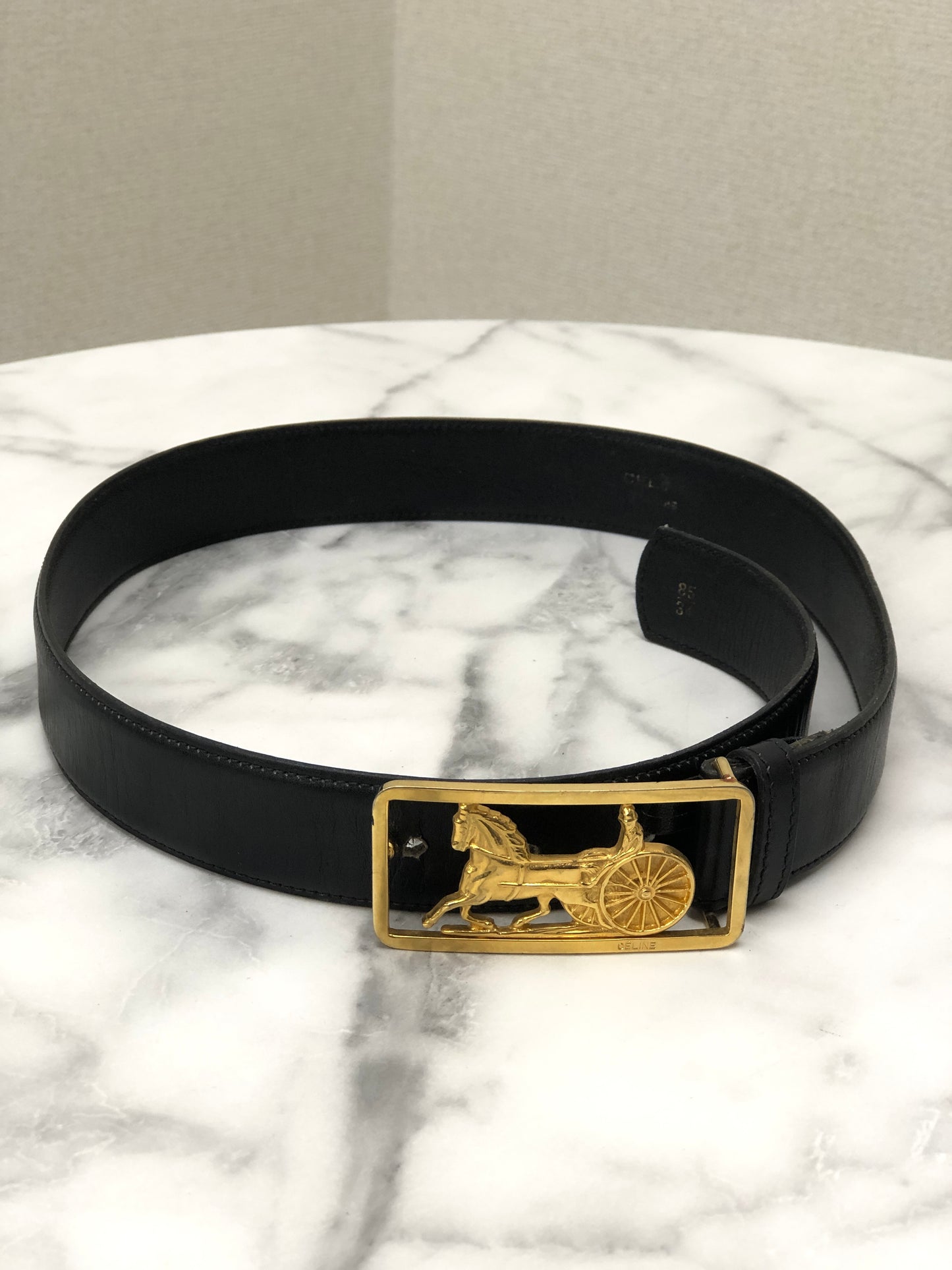 CELINE Horse Carriage  Leather Belt Black Gold Vintage r5nwjn