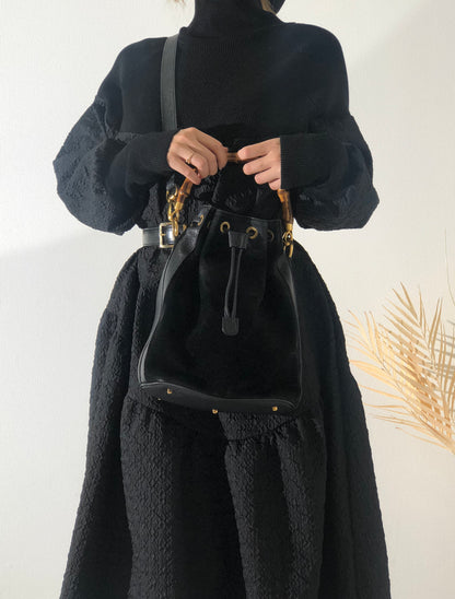 GUCCI Bamboo Handle Suede Two-way Drawstring Handbag Shoulder bag Black Vintage z3v3su