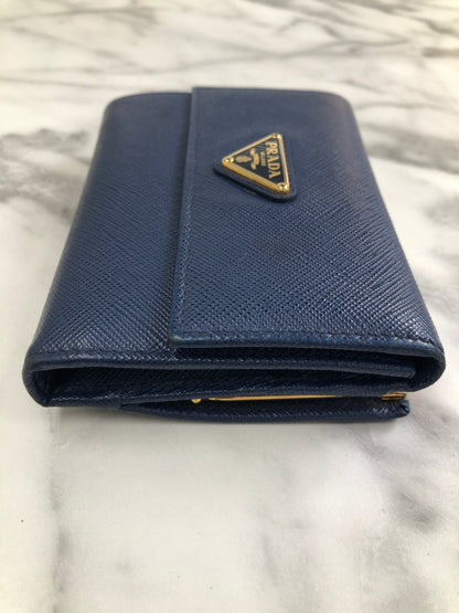PRADA Triangle Logo Metal Clasp Leather Trifold Wallet Blue Vintage hdcmeb