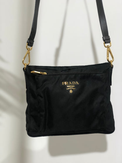 PRADA Logo Nylon Saffiano Leather Crossbody Shoulder bag Black Vintage eu2jv5