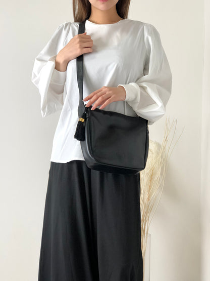 Christian Dior CD 標誌流蘇皮革斜背包肩背包黑色復古 i8x43s 