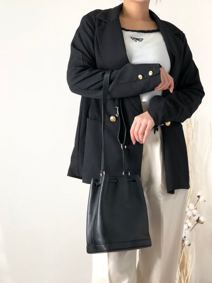 CELINE 標誌皮革抽繩肩背包黑色復古 ny8ngc 
