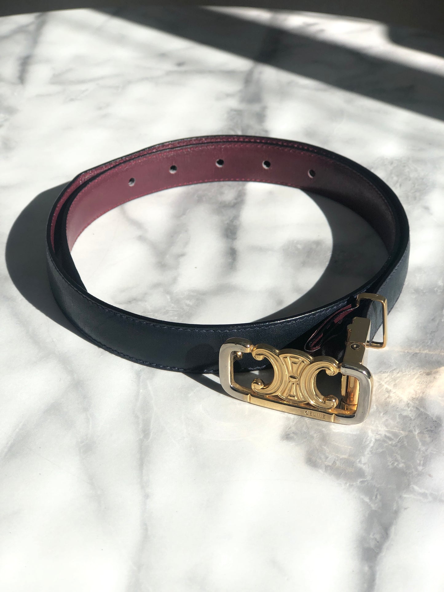 CELINE Triomphe Reversible Leather Belt Red Black Vintage gs88ny