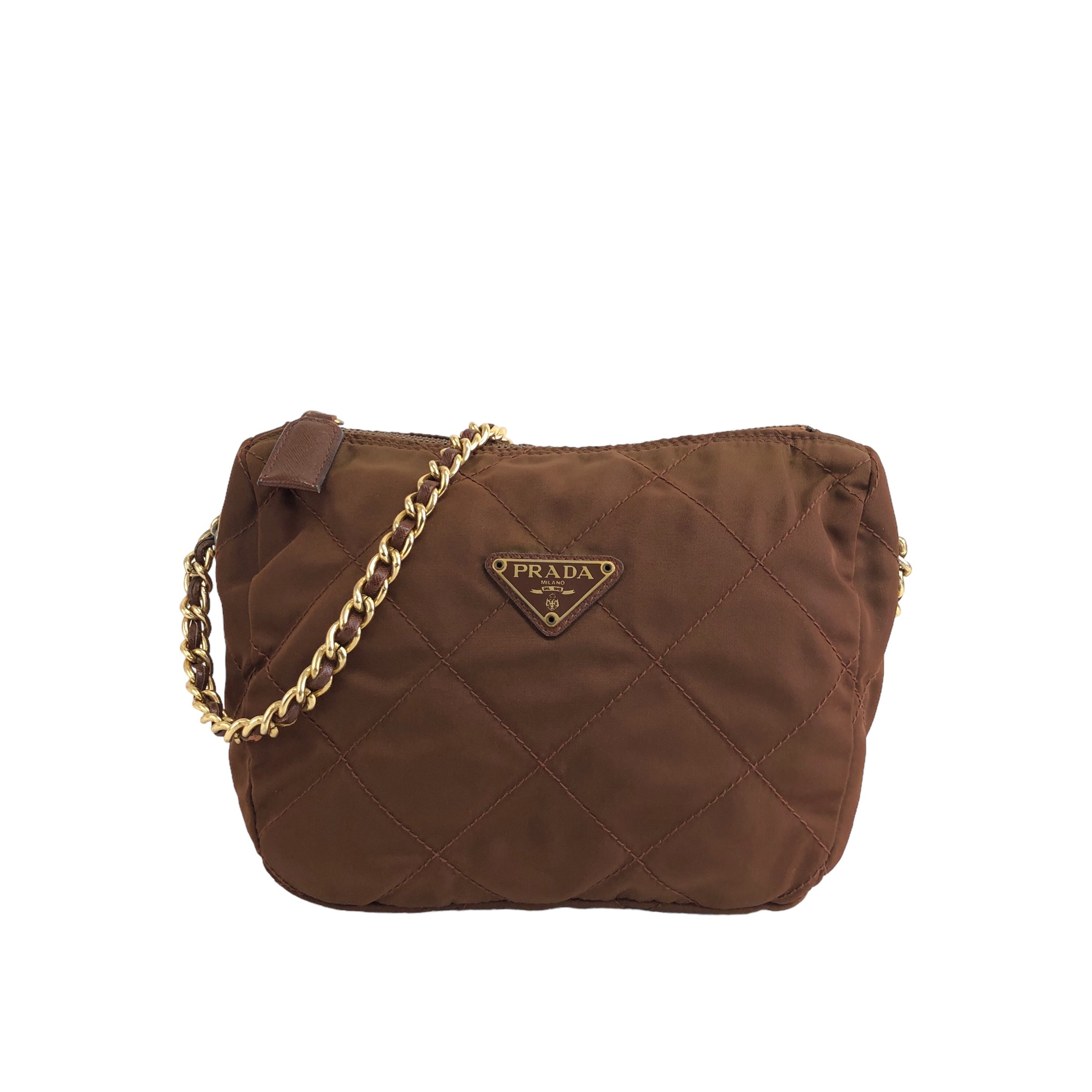 PRADA Triangle Logo Nylon Chain Shoulder bag Brown Vintage yktcuy