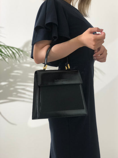 Yves Saint Laurent Logo Nylon Leather Top Handle Handbag Black Vintage w3hmrm