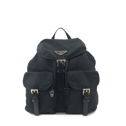 PRADA Triangle Logo Double Pocket Nylon Leather Backpack Black Vintage mkjw48